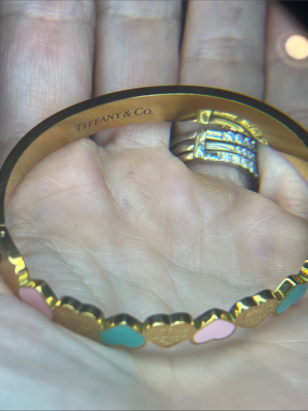 Gold Heart Bracelet with Pink and Turquoise Hearts - Picture 6 of 8